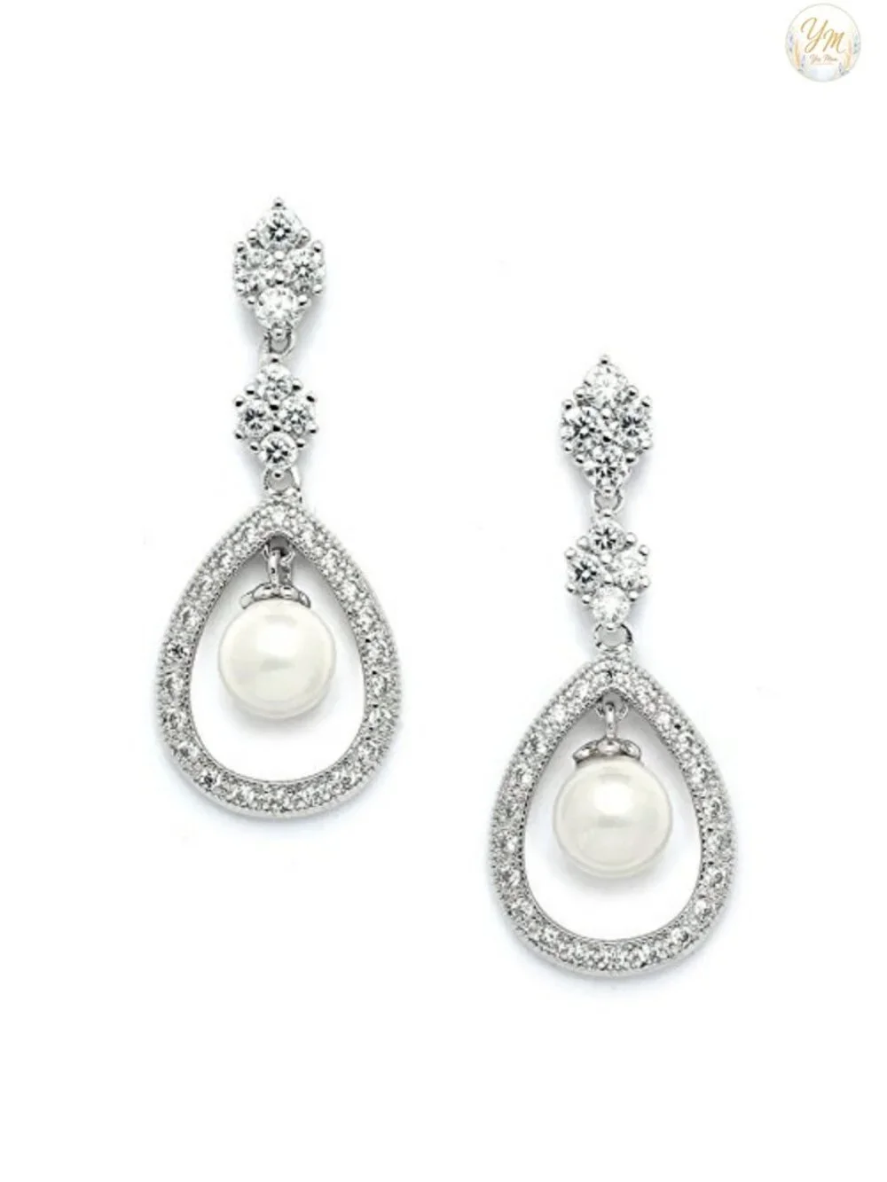 Pearl & CZ Drop Earrings for Bride, Bridesmaid, Prom, Mother of Bride Rhodium